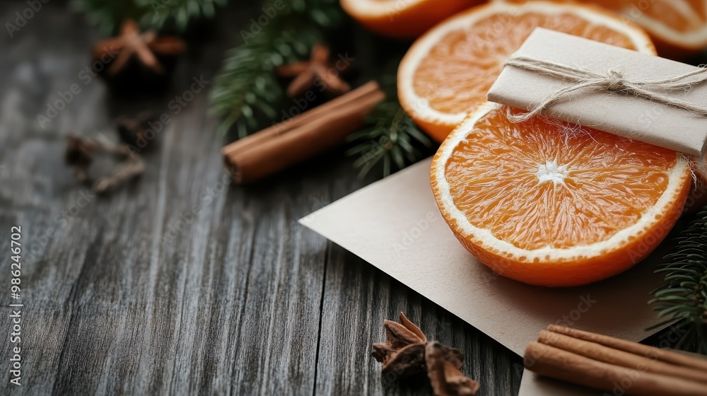 Halves of fresh oranges, sprigs of pine, and cinnamon sticks are artfully arranged on a rustic wooden table, next to a small wrapped gift, evoking a festive and aromatic atmosphere. Halves of fresh oranges, sprigs of pine, and cinnamon sticks are artfully arranged on a rustic wooden table, next to a small wrapped gift, evoking a festive and aromatic atmosphere.