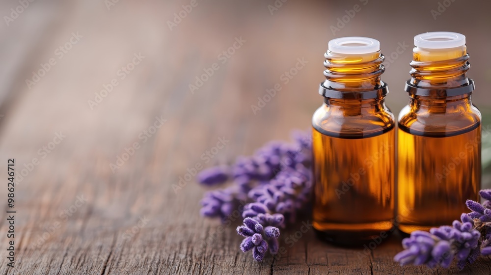 Two amber glass bottles with lavender sprigs beside them are placed on a rustic wooden surface, invoking a sense of calm, tranquility, and natural wellness. Two amber glass bottles with lavender sprigs beside them are placed on a rustic wooden surface, invoking a sense of calm, tranquility, and natural wellness.