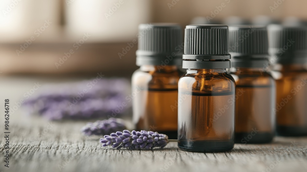 Multiple amber glass bottles with black caps are arranged on a rustic wooden table, accompanied by sprigs of fresh lavender flowers, suggesting a natural and calming theme. Multiple amber glass bottles with black caps are arranged on a rustic wooden table, accompanied by sprigs of fresh lavender flowers, suggesting a natural and calming theme.