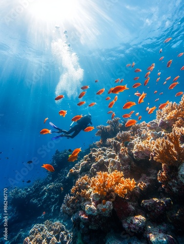 Fototapeta Naklejka Na Ścianę i Meble -  Diver exploring vibrant coral reef teeming with colorful fish in crystal clear tropical waters