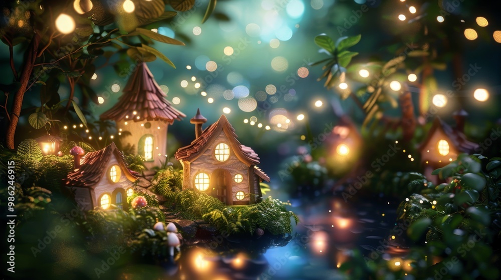 Enchanted Forest Scene with Whimsical Houses and Glowing Mushrooms Enchanted Forest Scene with Whimsical Houses and Glowing Mushrooms