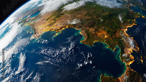 Panoramic view of Earth from space glowing city lights, light clouds, and the vibrant curve of the globe
