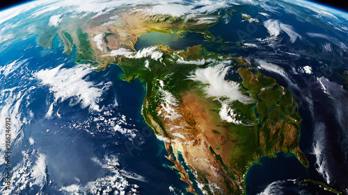 Panoramic view of Earth from space glowing city lights, light clouds, and the vibrant curve of the globe