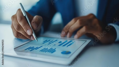 Financial advisor with tablet showing interactive budget, budget strategy, financial tools