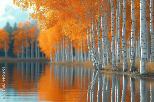 Autumn, a neat row of birch trees,the clear lake reflected the shadows of the trees photo