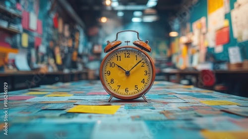 Timeline Concept - Vintage Yellow Alarm Clock on a Colorful Desk in a Cozy, Creative Workspace with Blurred Background photo