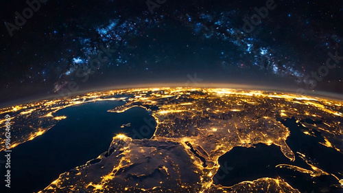 Panoramic view of Earth from space glowing city lights, light clouds, and the vibrant curve of the globe