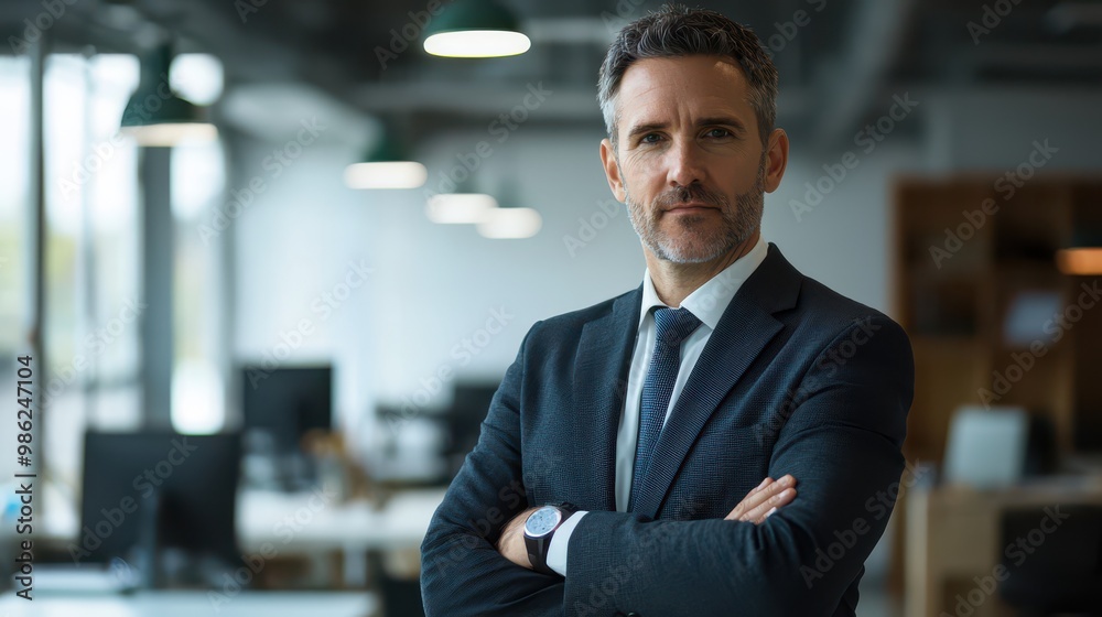 Corporate executive in a formal suit, standing in a bright office, arms folded, looking at the camera. Corporate executive in a formal suit, standing in a bright office, arms folded, looking at the camera.