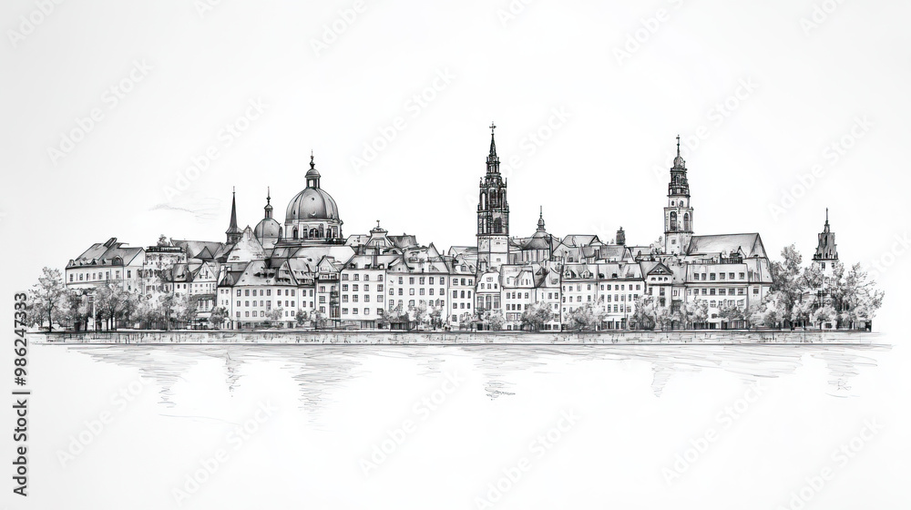 Fototapeta premium Jena, Germany, black and white pen pencil hand-drawn effect drawing illustration for travel poster, card, wallpaper, backdrop or banner. Modern, clear, artistic and simple
