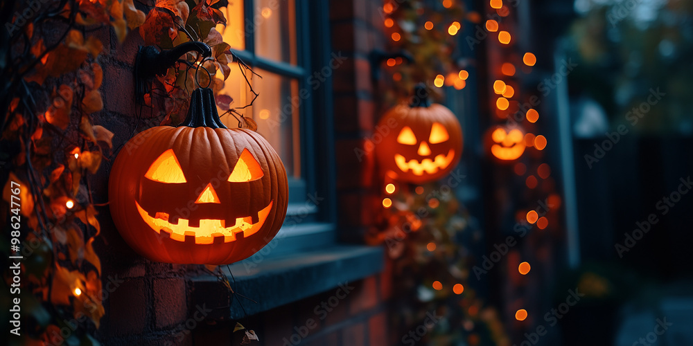 Obraz premium Halloween pumpkins hanging on the wall of a house decorated with lights and orange leaves at night, creating a spooky atmosphere for a Halloween celebration background. 