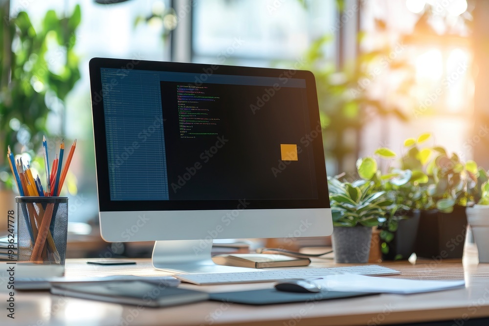 Office desk with desktop computer and business office background with generative ai Office desk with desktop computer and business office background with generative ai