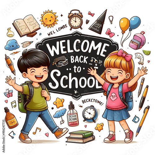Welcome back to school lettering, cheerful boy and girl