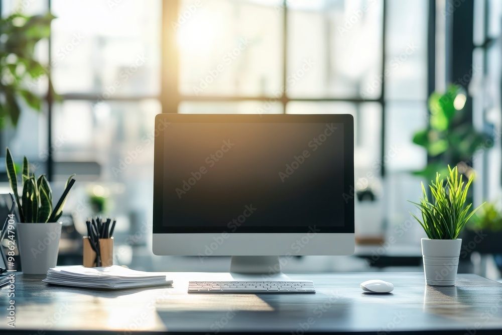 Office desk with desktop computer and business office background with generative ai Office desk with desktop computer and business office background with generative ai