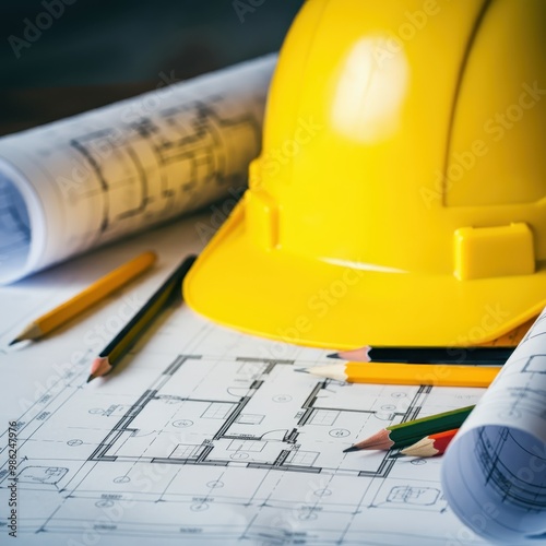 Blueprint floor plan with pencils and hard hat symbolizing architectural project management.