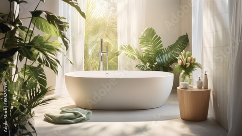 A tranquil bathroom adorned with lush greenery and a standalone tub, inviting relaxation and serenity.