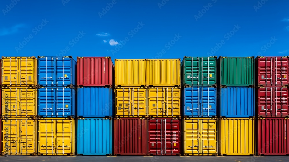 Fototapeta premium Stacks of colorful shipping containers line the port, ready for global movement.