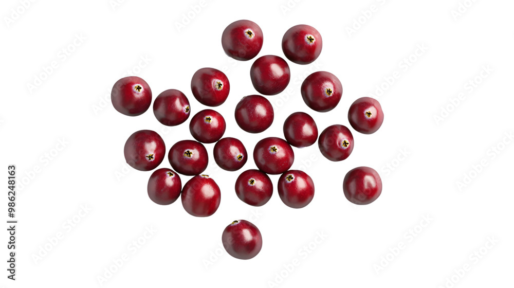 Fresh red cranberries on transparent background - isolated top view of ripe berries Fresh red cranberries on transparent background - isolated top view of ripe berries