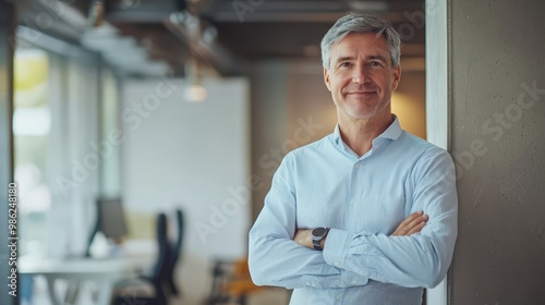 Corporate leader standing in a minimalist office, arms folded, smiling slightly, looking at the camera.