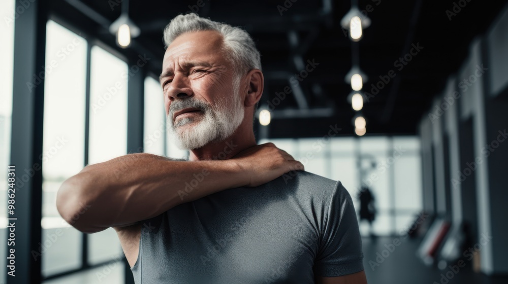An elderly man grimaces, clutching his shoulder in pain, possibly indicating muscle strain or discomfort. An elderly man grimaces, clutching his shoulder in pain, possibly indicating muscle strain or discomfort.