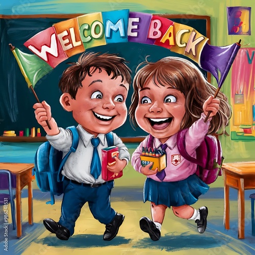 Welcome back to school lettering, cheerful boy and girl