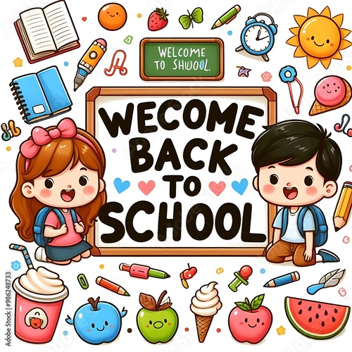 Welcome back to school lettering, cheerful boy and girl