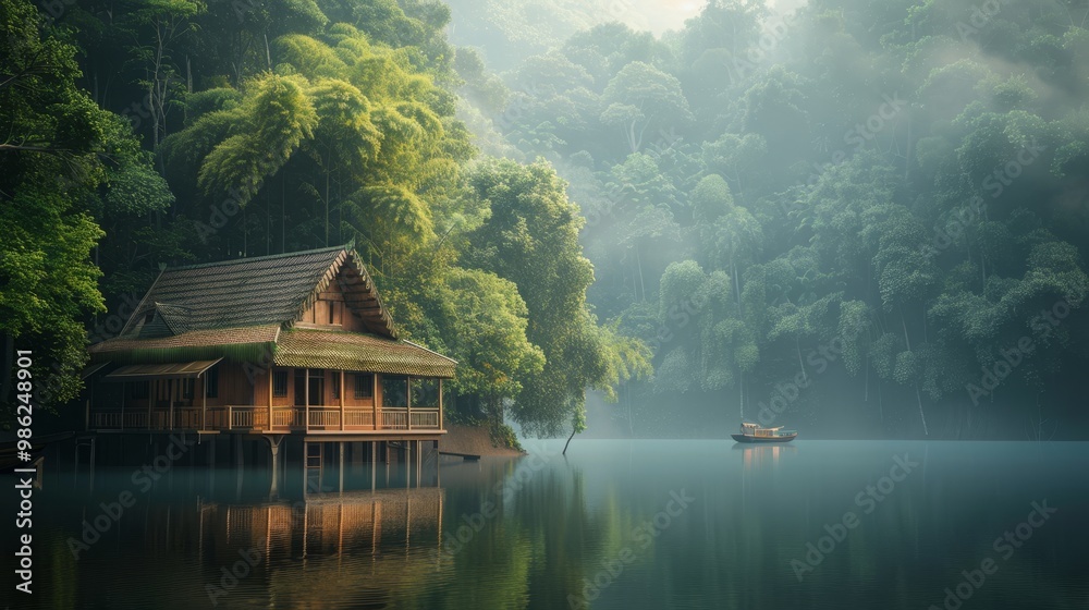 Fototapeta premium 3D Rendering of Asian Wooden House on a Misty Lake in Forest.
