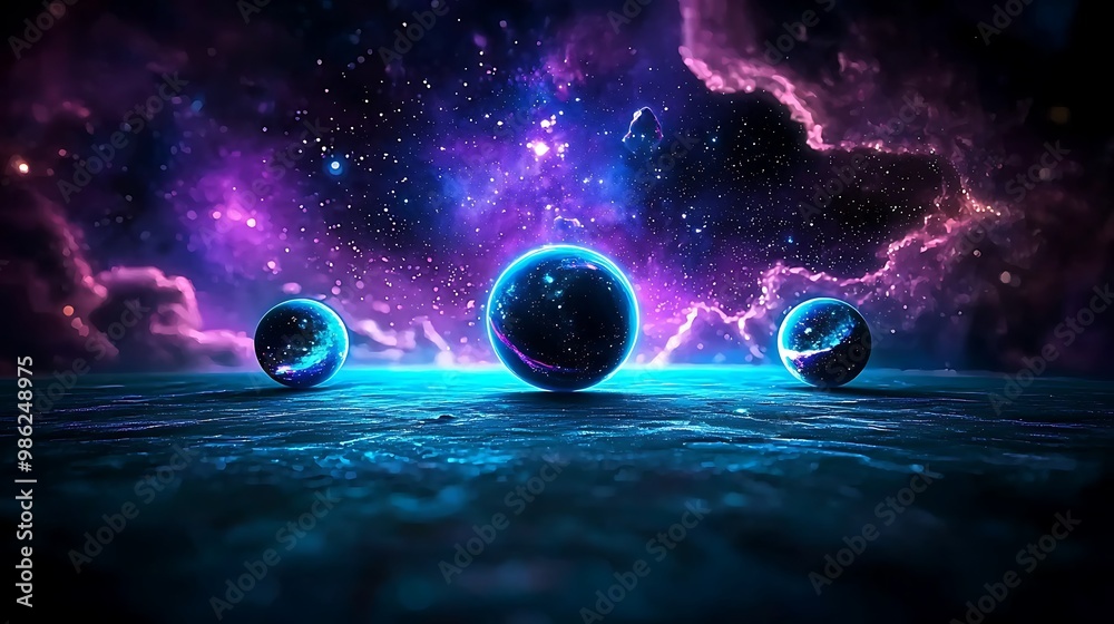 Obraz premium An abstract galaxy of neon blue and purple orbs swirls in the vastness of space.