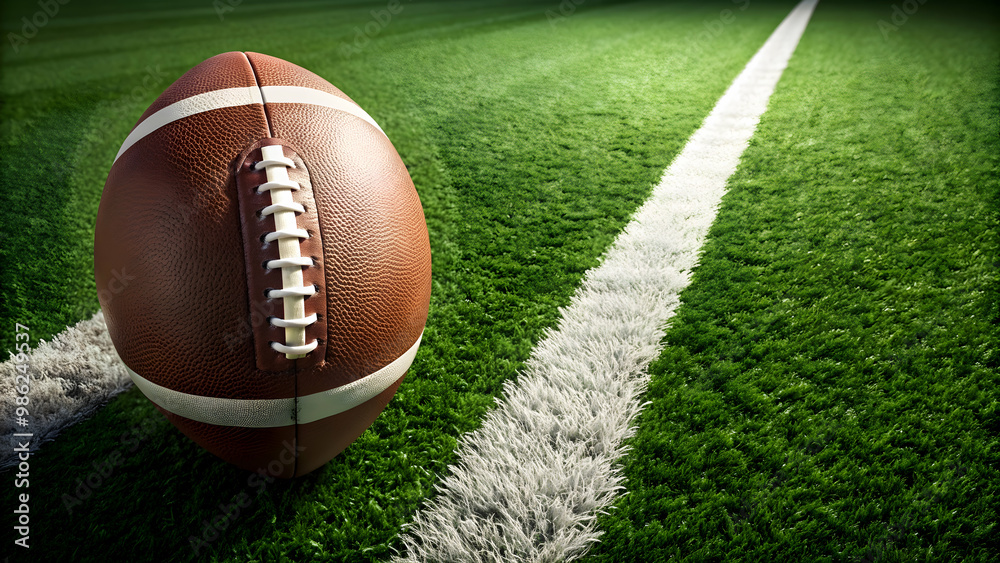 Football ball on green field with white lines , sports, soccer, game, competition, sports equipment, grass, outdoor, recreation