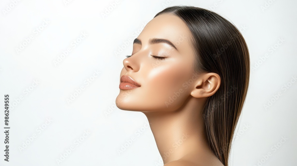 Elegant woman, sleek straight hair, flawless skin, eyes softly closed, white background, delicate side view Elegant woman, sleek straight hair, flawless skin, eyes softly closed, white background, delicate side view