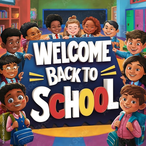 Welcome back to school lettering, cheerful boy and girl