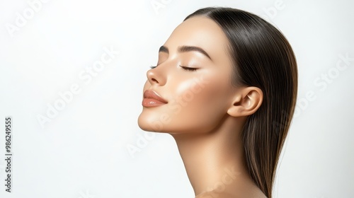 Elegant woman, sleek straight hair, flawless skin, eyes softly closed, white background, delicate side view