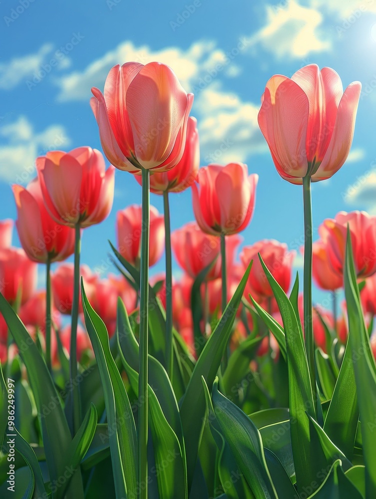 Obraz premium Bright pink tulips blooming under a clear blue sky, showcasing nature's beauty.
