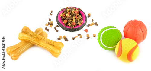 Food, set of toys and entertainment for dogs isolated on white. Collage. Wide photo.
