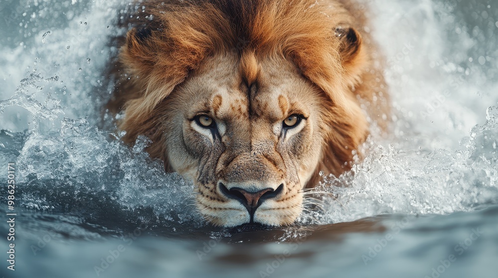 A focused lion swims determinedly through the churning waters, demonstrating intense concentration, strength, and the enduring spirit of the wild in a breathtaking moment. A focused lion swims determinedly through the churning waters, demonstrating intense concentration, strength, and the enduring spirit of the wild in a breathtaking moment.