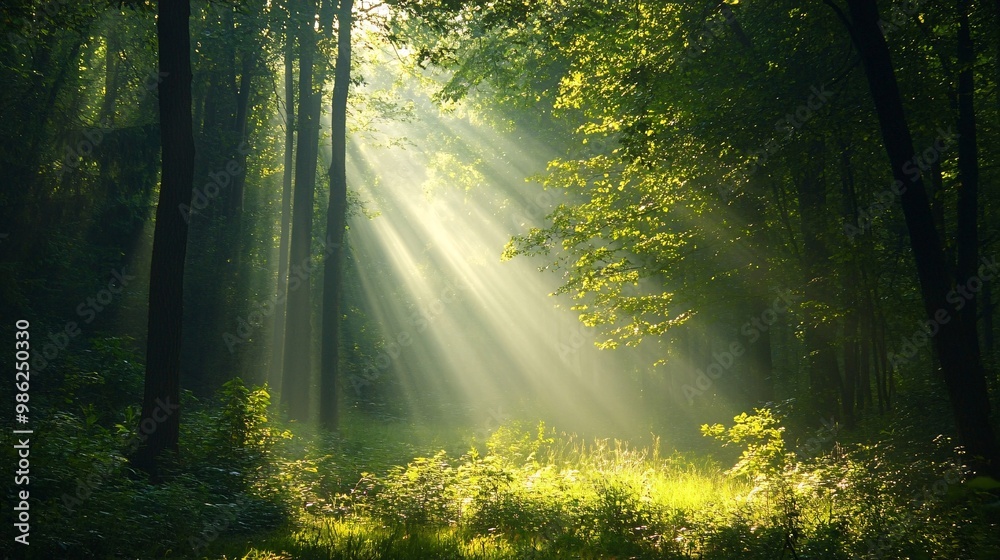 Sunbeams Illuminating a Foggy Forest Path Sunbeams Illuminating a Foggy Forest Path