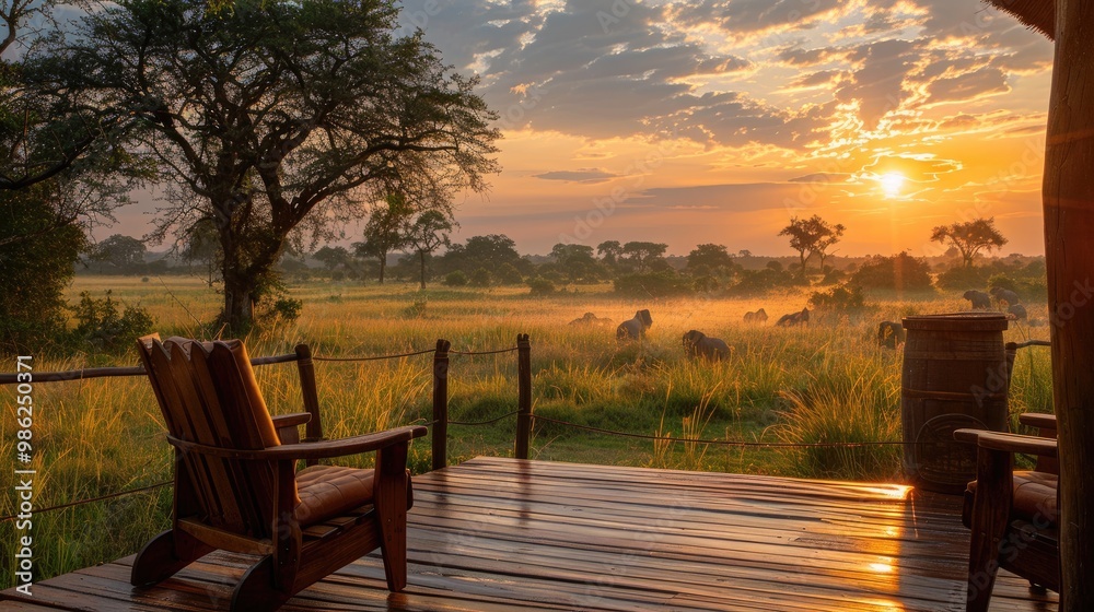 Scenic sunrise over a tranquil savannah, viewed from a wooden deck with chairs. Perfect for relaxation and nature lovers. Scenic sunrise over a tranquil savannah, viewed from a wooden deck with chairs. Perfect for relaxation and nature lovers.