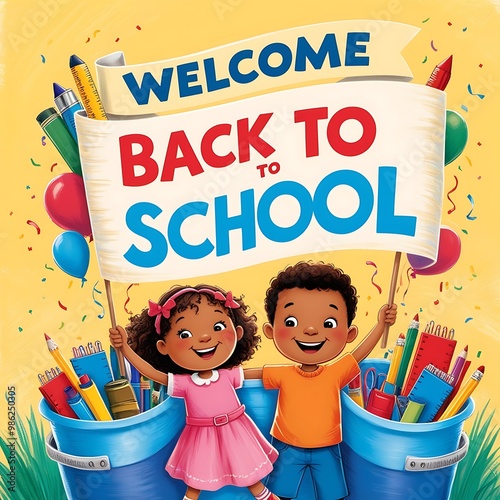 Welcome back to school lettering, cheerful boy and girl