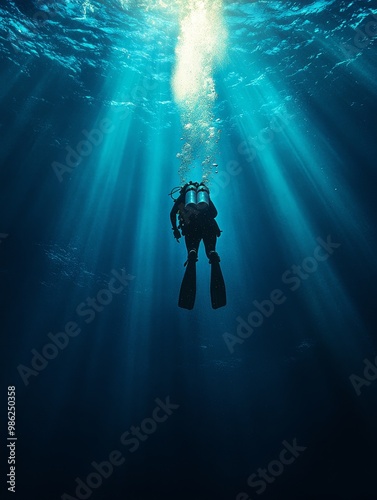 Diver exploring underwater depths with sunlight streaming through clear water in a tranquil ocean environment