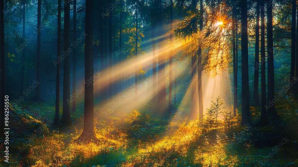 Naklejka premium Sunbeams Breaking Through a Dense Foggy Forest