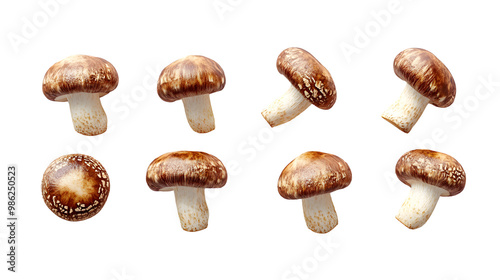 Collection of eight shiitake mushrooms on neutral transparent background