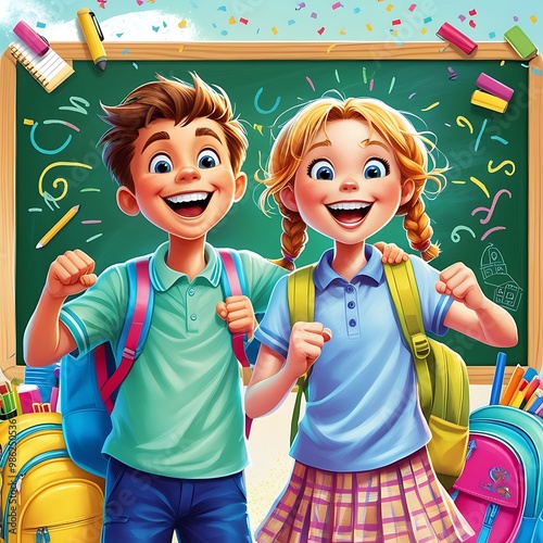 Welcome back to school lettering, cheerful boy and girl