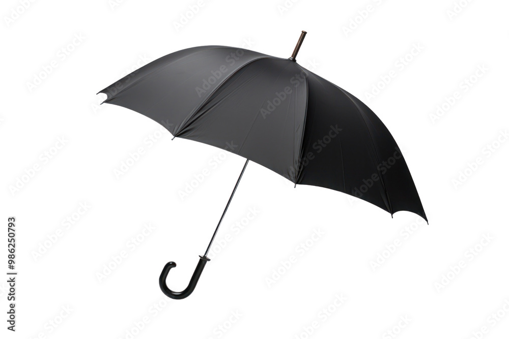 A classic black rain umbrella fully open, showcasing its curved handle and water-resistant canopy isolated on white background A classic black rain umbrella fully open, showcasing its curved handle and water-resistant canopy isolated on white background