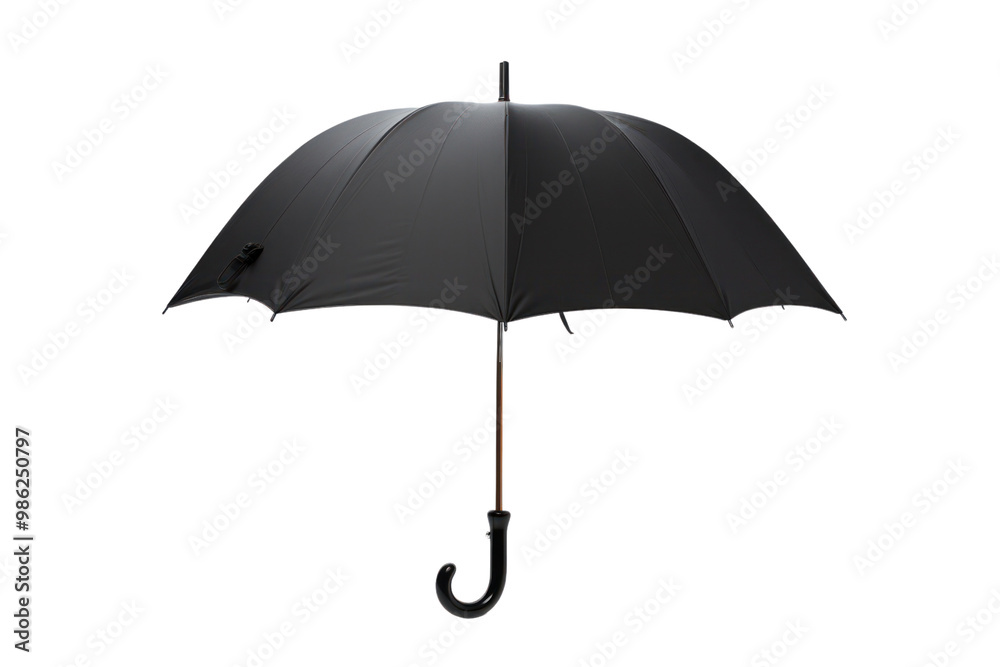 A classic black rain umbrella fully open, showcasing its curved handle and water-resistant canopy isolated on white background A classic black rain umbrella fully open, showcasing its curved handle and water-resistant canopy isolated on white background