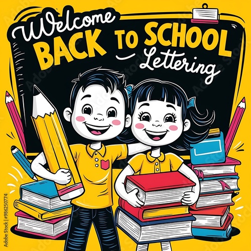 Welcome back to school lettering, cheerful boy and girl