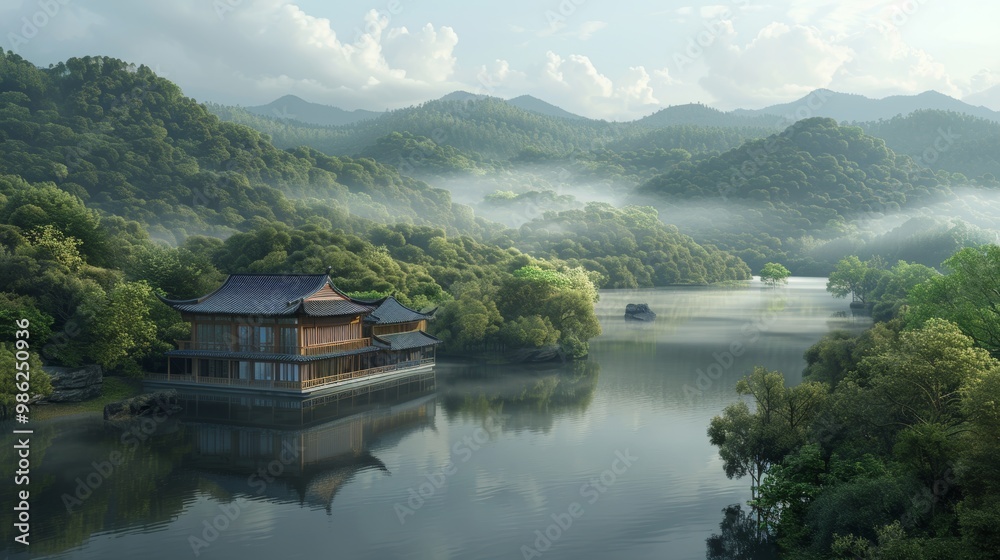 3D Rendering of Asian Style Wooden House by Serene Lake in Forest 3D Rendering of Asian Style Wooden House by Serene Lake in Forest