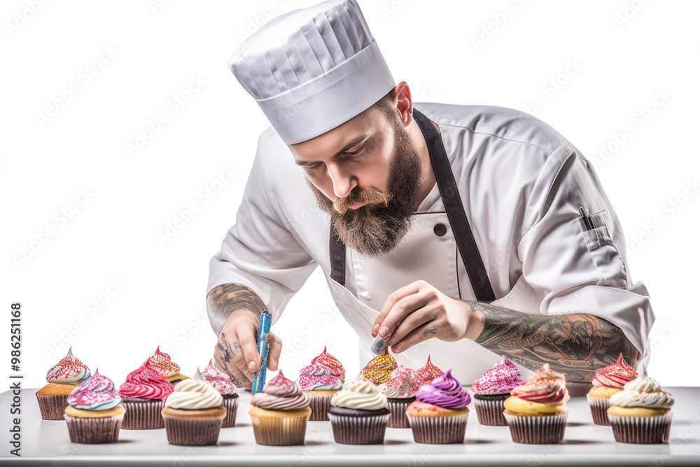 A chef with a focused expression decorates a batch of freshly baked cupcakes , isolated on white background A chef with a focused expression decorates a batch of freshly baked cupcakes , isolated on white background