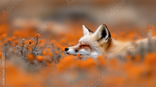 A beautiful close-up of a fox peacefully resting among vibrant orange wildflowers in a natural setting, capturing the serene and calming essence of wildlife and nature.