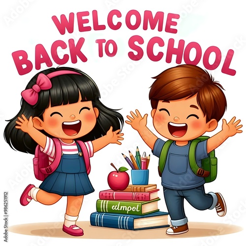 Welcome back to school lettering, cheerful boy and girl