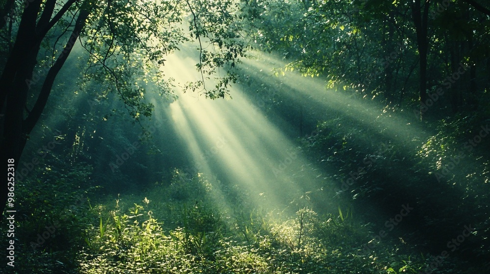 Obraz premium Sunbeams Filtering Through Dense Forest Canopy