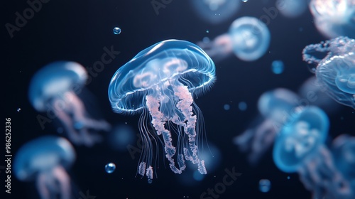 Glistening jellyfish gracefully swimming among vibrant ocean currents in a serene underwater environment at twilight